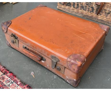 The 'Verylite' trunk, vintage leather suitcase with lugguage straps, lining, and key, 62cmW 