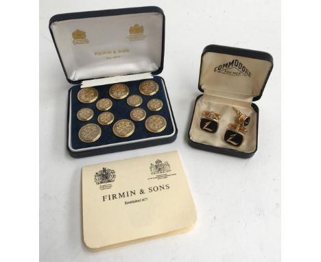 Boxed set of 12 Firmin &amp; Sons buttons together with a Commodore set of cufflinks and a lapel pin 