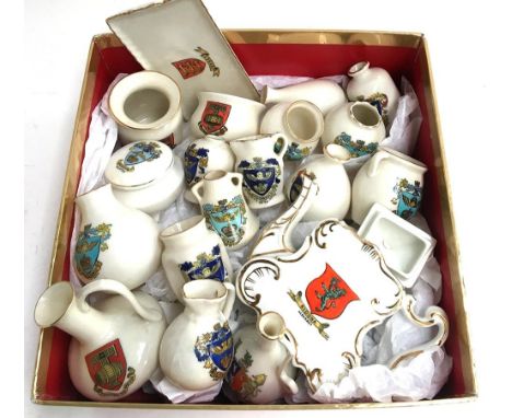 A box of crested china including WH Goss, Grafton, Arcadian etc, with crests for Jersey, Alderney, taunton etc 