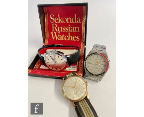 A gentleman's 9ct Timor wrist watch, Arabic numerals and batons to a circular dial and canvas strap, with a stainless steel S