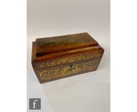 A 19th Century sarcophagus, twin handled, rosewood and inlaid brass tea caddy opening to twin caddies, central well, red leat