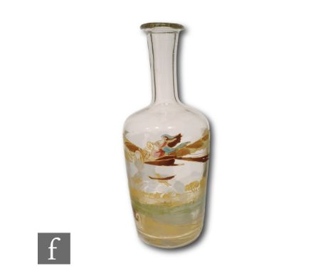 An early 20th Century Mont Joye &amp; Cie absinthe decanter, circa 1900s-1910s, of bottle form, enamel decorated with a motor