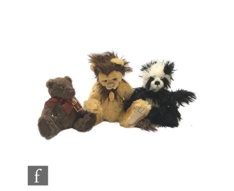Three Charlie Bears teddy bears, Xena (CB 114790) black and white plush panda, height 41cm, Leo Lion (CB 194546), pale gold p