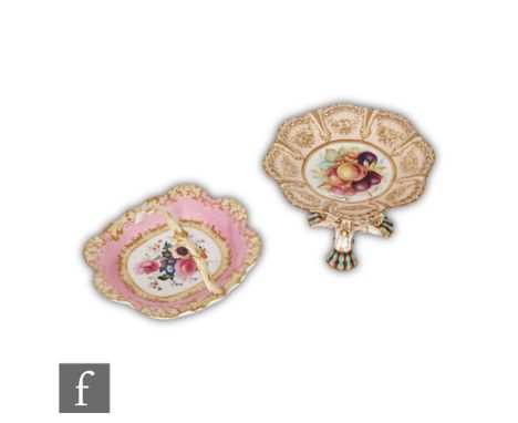 A late 19th Century pedestal comport decorated to the centre with a hand painted fruit roundel within a light peach border wi