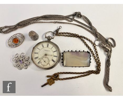 A hallmarked silver open faced pocket watch with three silver brooches, a further brooch, thimble and chain, S/D. (7). 