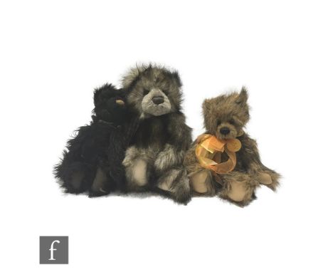 Three Charlie Bears teddy bears, comprising Eddie (CB 614872), black plush, height 38cm, Ella (CB 194342) limited edition of 