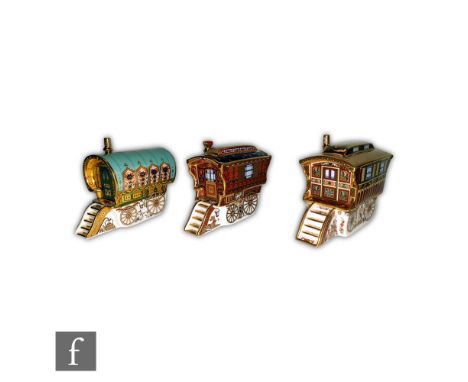 Three Royal Crown Derby Gypsy Caravan paperweights commissioned for Govier's of Sidmouth comprising The Ledge Wagon, first in