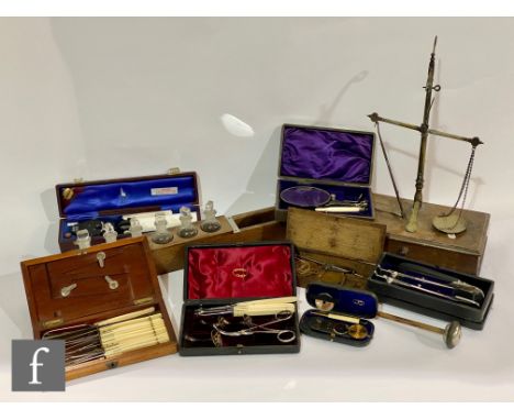 A parcel lot of assorted early 20th Century and later cased medical items to include surgical implements, Ophthalmoscope, sca