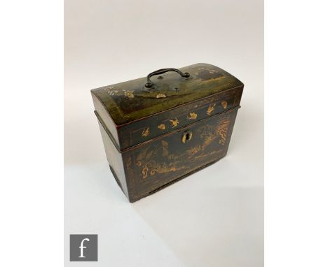 An early 19th Century rectangular black lacquer ware, ebonised mahogany tea caddy with gilt decoration of Asian figures in a 