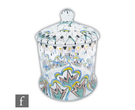 A 1930s Haida glass biscuit jar of cylindrical form with domed cover, hand enamel decorated with abstract flash motifs in mix
