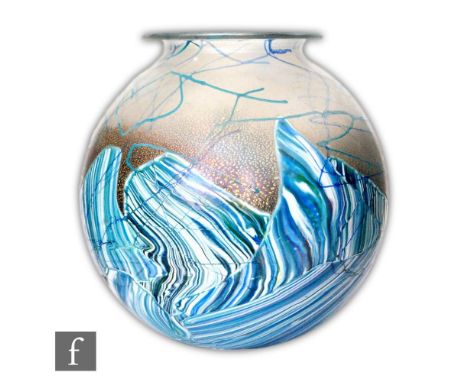 A large later 20th Century Isle of Wight Seascape vase of ovoid form by Michael Harris, decorated with veined blue patches an