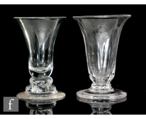 Two 18th Century jelly glasses, the first of baluster form, circa 1740, with bell bowl over a beaded cushion knop and raised 