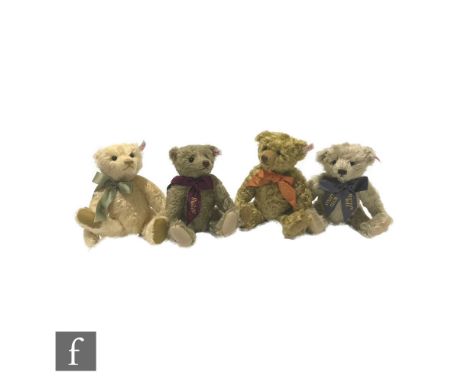 Four Steiff Club Edition teddy bears, 2009, white tag 420979, brass mohair, 2010, white tag 421105, cream mohair, 2011, white