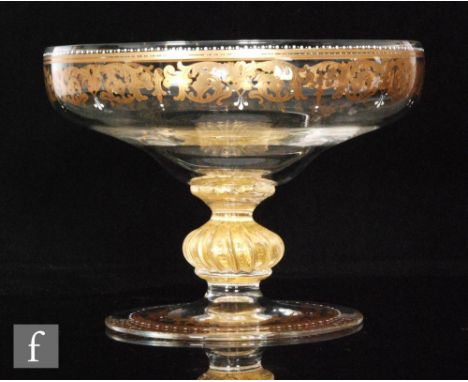 A late 19th Century Saint Louis Venetian pattern table centre pedestal bowl with a wide shallow bowl above a fluted knop pede