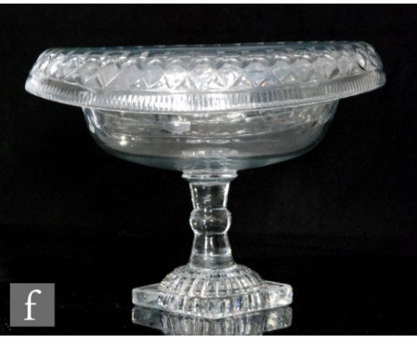 A late 18th Century Irish glass pedestal bowl, circa 1790, of oval form with turn over rim, with cut decoration decorated wit