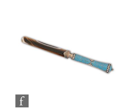 A Continental silver and banded agate paper knife, the cloisonne enamel handle falling to the agate blade, length 15.5cm, sta