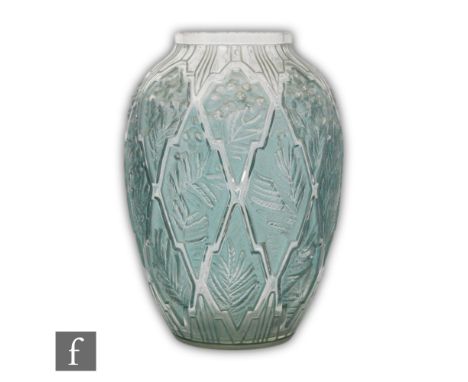 A large 1930s French Art Deco pressed glass vase by Edmond Etling of shouldered ovoid form with a repeat abstract lattice pan