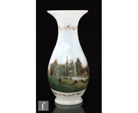 A 19th Century Richardsons opaline glass vase of footed skittle form with an everted rim, hand enamelled with a scenic view d