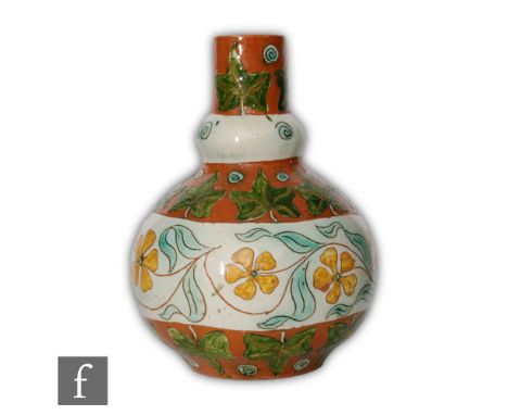 An early 20th Century Della Robbia vase of ovoid form with a knopped collar neck, the body decorated with incised flowers and