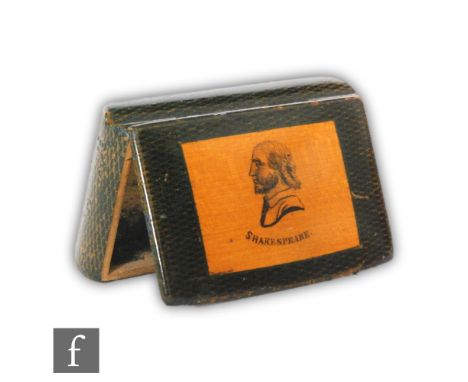 A 19th Century Mauchlin ware snuff box of rounded rectangular section with hinged lid decorated with a central panel depictin