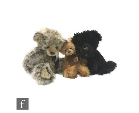 Three Charlie Bears teddy bears, designed by Isabelle Lee,  Imogen (CB 094323), golden plush with cinnamon tip, height 33cm, 