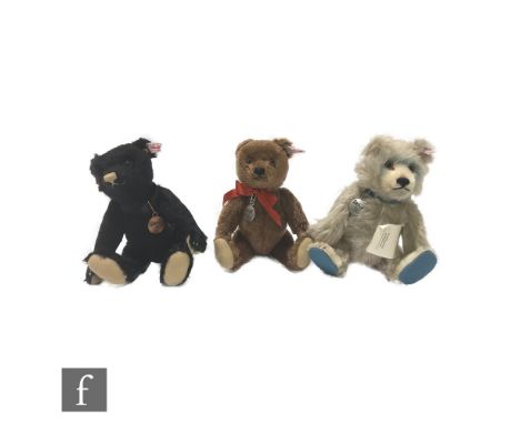 Three Steiff Club Membership Loyalty teddy bears, a 1912 5 Year Bear, white tag 421181, black mohair, with medallion, height 