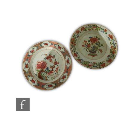 Two Chinese 18th Century export porcelain famille rose dishes, each of circular form, each decorated in pink and green enamel