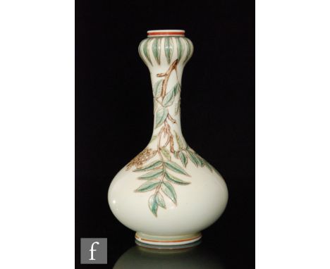 A late 19th Century Thomas Webb &amp; Sons Ivory Cameo glass vase of double gourd form, cut with a fruiting Rowan bough picke