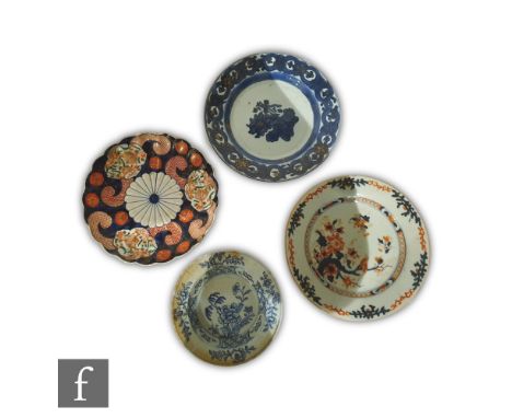 A collection of Chinese dishes, to include an 18th Century Imari dish, two 18th Century export porcelain blue and white dishe