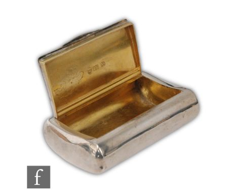 A Georgian hallmarked silver cushioned rectangular snuff box of plain form with gilt interior, length 7.5cm, weight 70g, Birm