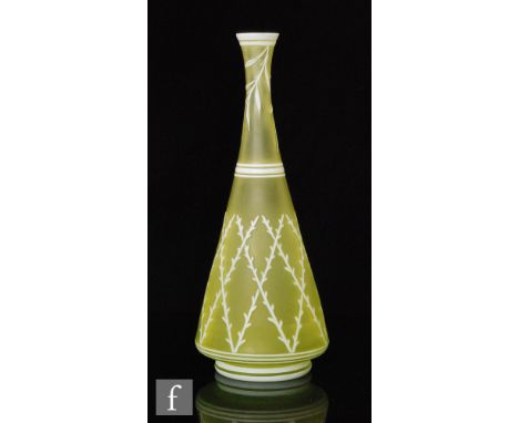 A late 19th Century Thomas Webb &amp; sons cameo glass vase of tapered form, cased in opal over citron and cut with a trellis