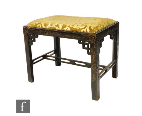 A 1920s Japan lacquered Chinese Chippendale style rectangular stool on block chamfered legs united by rail stretchers decorat