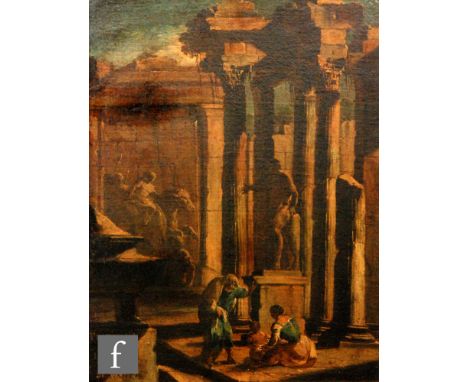FOLLOWER OF GIOVANNI PAOLO PANNINI (1691-1761) - An architectural capriccio with figures amongst sculptures in a ruined templ