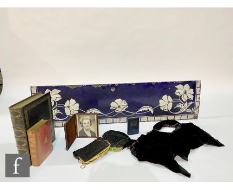A tooled leather book titled Family Devotion, a volume Legends of King Arthur,&nbsp; part of an Art Nouveau decorated enamel 