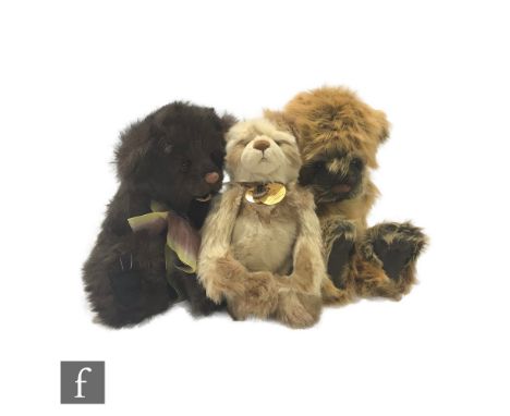 Three Charlie Bears teddy bears, designed by Isabelle Lee, Naomi panda bear (CB 114735), beige and light brown long pile plus