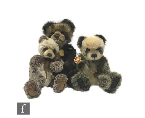 Three Charlie Bears panda bears, designed by Isabelle Lee, Caleb (CB 114809), dark brown and light brown plush, height 48cm, 