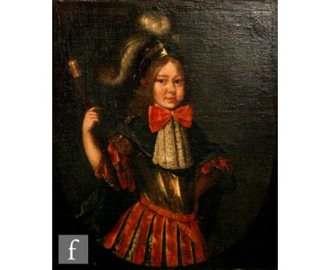 CONTINENTAL SCHOOL (LATE 17TH CENTURY) - Portrait of a young boy wearing elaborate armour and plumbed helmet holding a gold t