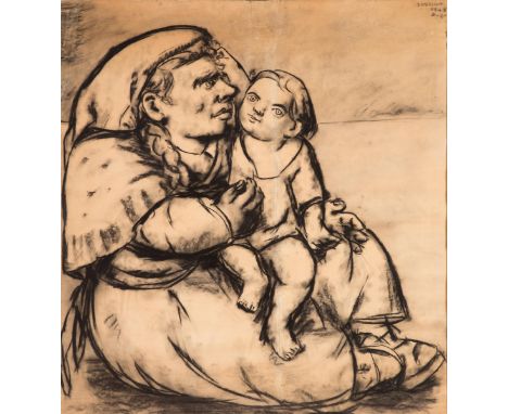 "LAXEIRO"; JOSÉ OTERO ABELEDO (Lalín, Pontevedra, 1908 - Vigo, 1996)."Maternity", 1948.Charcoal on paper.Signed, dated and lo