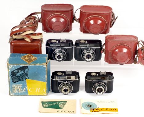 Set of Four Rare 1960s VENSA (Spring) Plastic-Bodied Cameras. Comprising two VENSA and two VENSA-2 models. One boxed with man