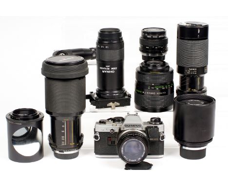 Olympus Fit Equipment, including Two Mirror Lenses. To include an Olympus OM10 with Manual Adapter & 50mm f1.8 lens, Vivitar 