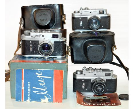 A MIR & Two ZORKI 4 Rangefinder Cameras. Uncommon MIR with JUPITER-8 f2 50mm lens, cap, case, box, manual & passport. Serial 