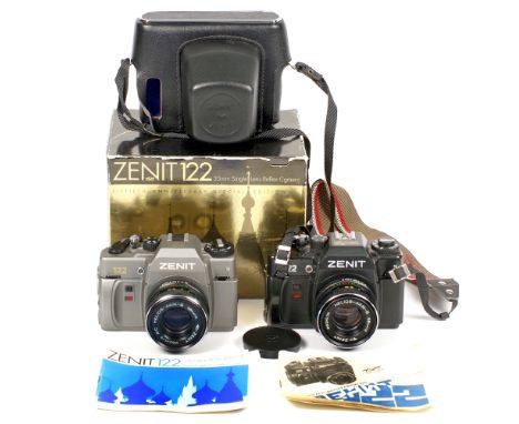 Two ZENIT 122 Commerative Cameras. ZENIT-122 1992 50th Anniversary of KMZ factory model with MC HELIOS-44M-6 f2 58mm lens. As