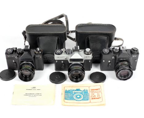 Three ZENIT ET Cameras, inc Rare Version without Meter. 1990 ZENIT-ET with HELIOS-44-2 f2 58mm lens, cap, case & Manual. Seri