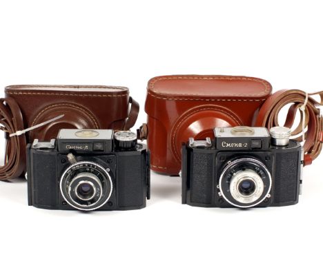 Two 1960s SMENA 35mm Compact Cameras. Uncommon SMENA-M with T-22M f4.5 40mm lens & case. Serial numbers/Princelle Book codes: