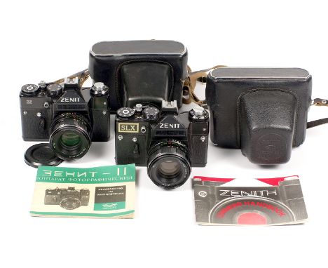 Two Zenit 11 Cameras, inc Uncommon SLX Model. (condition 5F) 1983 ZENIT-11 with HELIOS-44M-4 f2 58mm lens, cap, case & manual