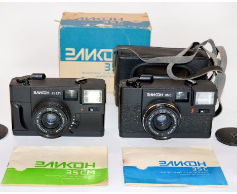 Two Uncommon Russian 35mm Compact Cameras. ELIKON-35S with INDUSTAR-95 f2.8 38mm lens, cap, case, manual & Passport. In maker