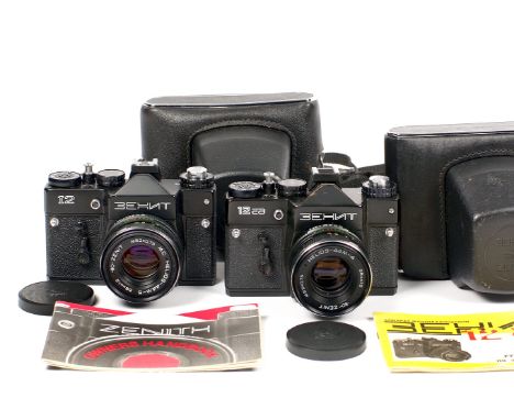 Two Zenith 12 Cameras. ZENIT-12 with HELIOS-44M-5 f2 58mm lens, cap, case & manual. Serial numbers/Princelle Book codes:  911