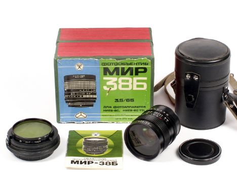 Boxed MIR-38B f3,5 65mm Lens. 1984. (condition 5F) K-B Fitting for KIEV 6c, 60, 90 & BIGsix. With case, caps, filters, manual