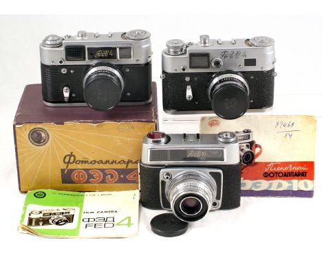 Three FED Cameras, inc Uncommon FED 10. FED-10, 1966 with lens cap, case & manual. INDUSTAR-61 2.8/52. Serial numbers/Princel