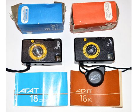 Two AGAT Half Frame Compact 35mm Cameras. (condition 3F). AGAT 18 & 18K models, each with INDUSTAR-104 f2.8 28mm lens. Makers